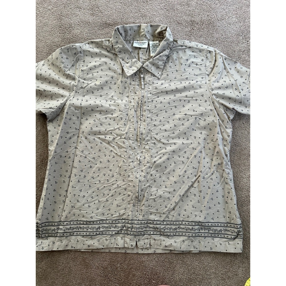 Vintage Faded Glory Womens Plus Size 22W-24W Khaki Floral Zip Up Cotton Blouse
